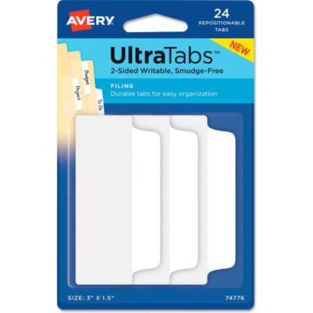 AVERY DENNISON Avery Ultra Tabs Repositionable Tabs, 3in x 1-1/2in, White, 24/Pack 74776